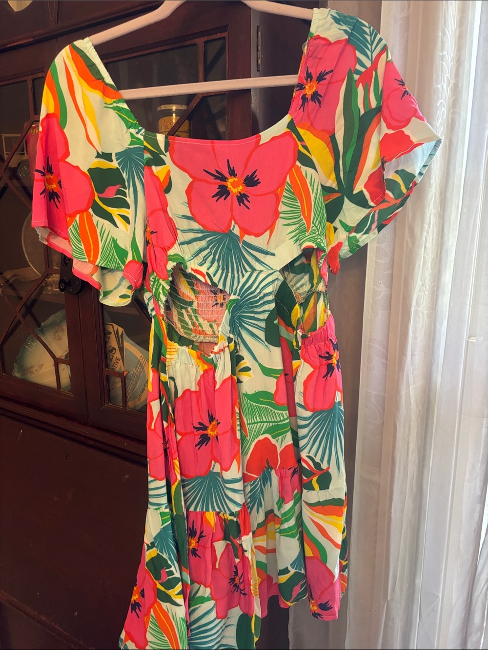 Tropical Floral Mini Dress in Pink & Green